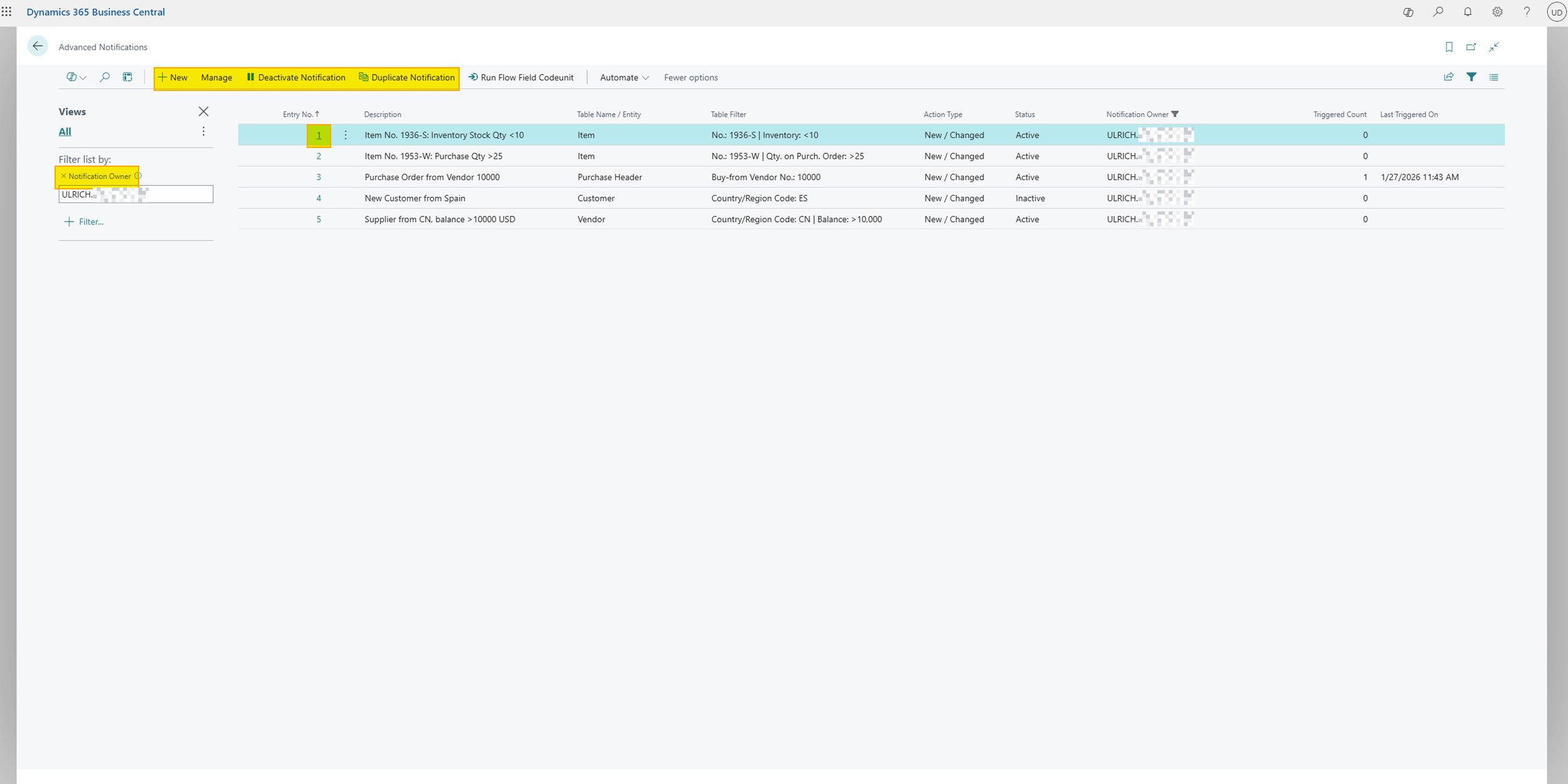 Notification List Filtered