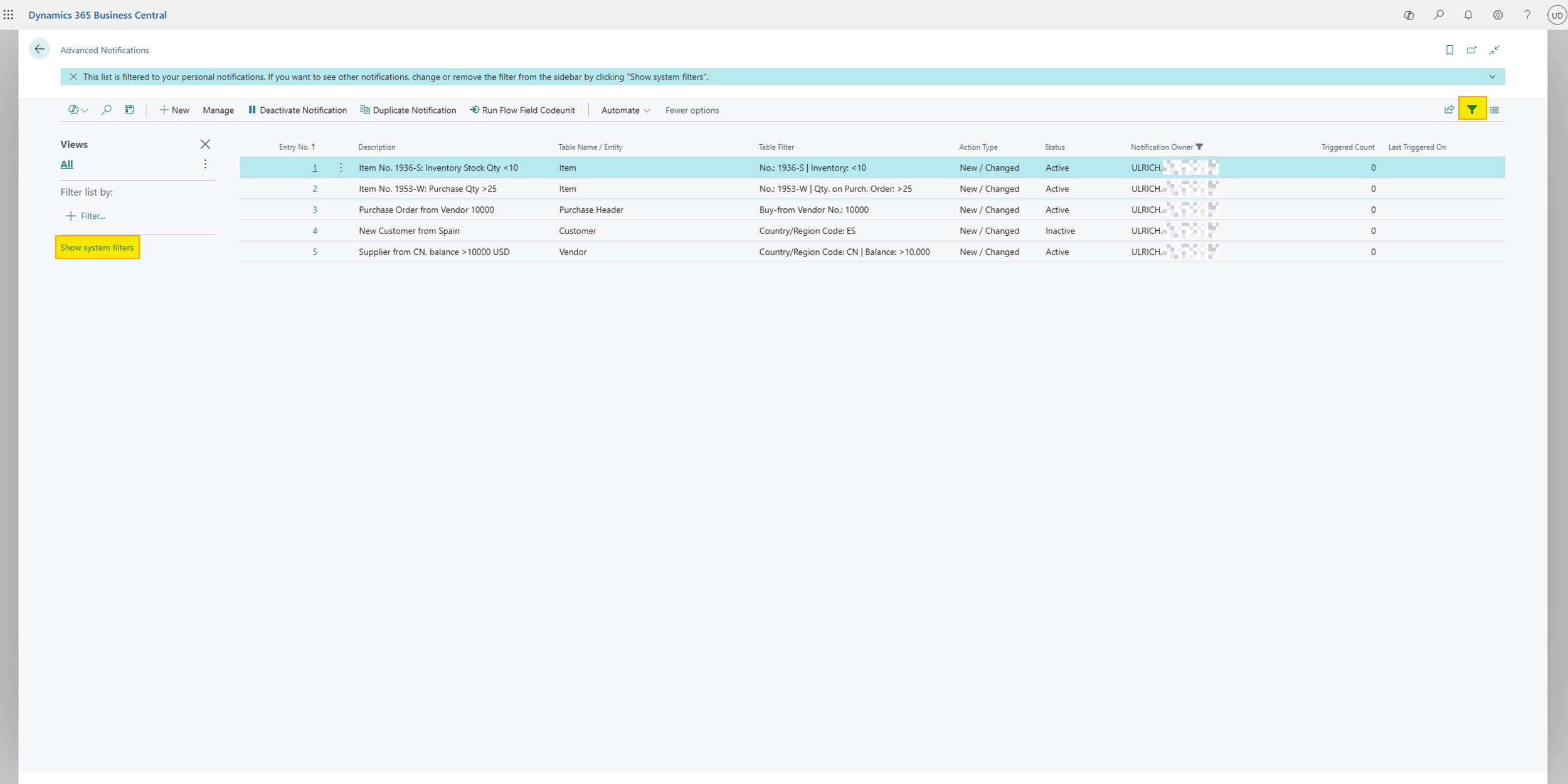 Notification List Filter