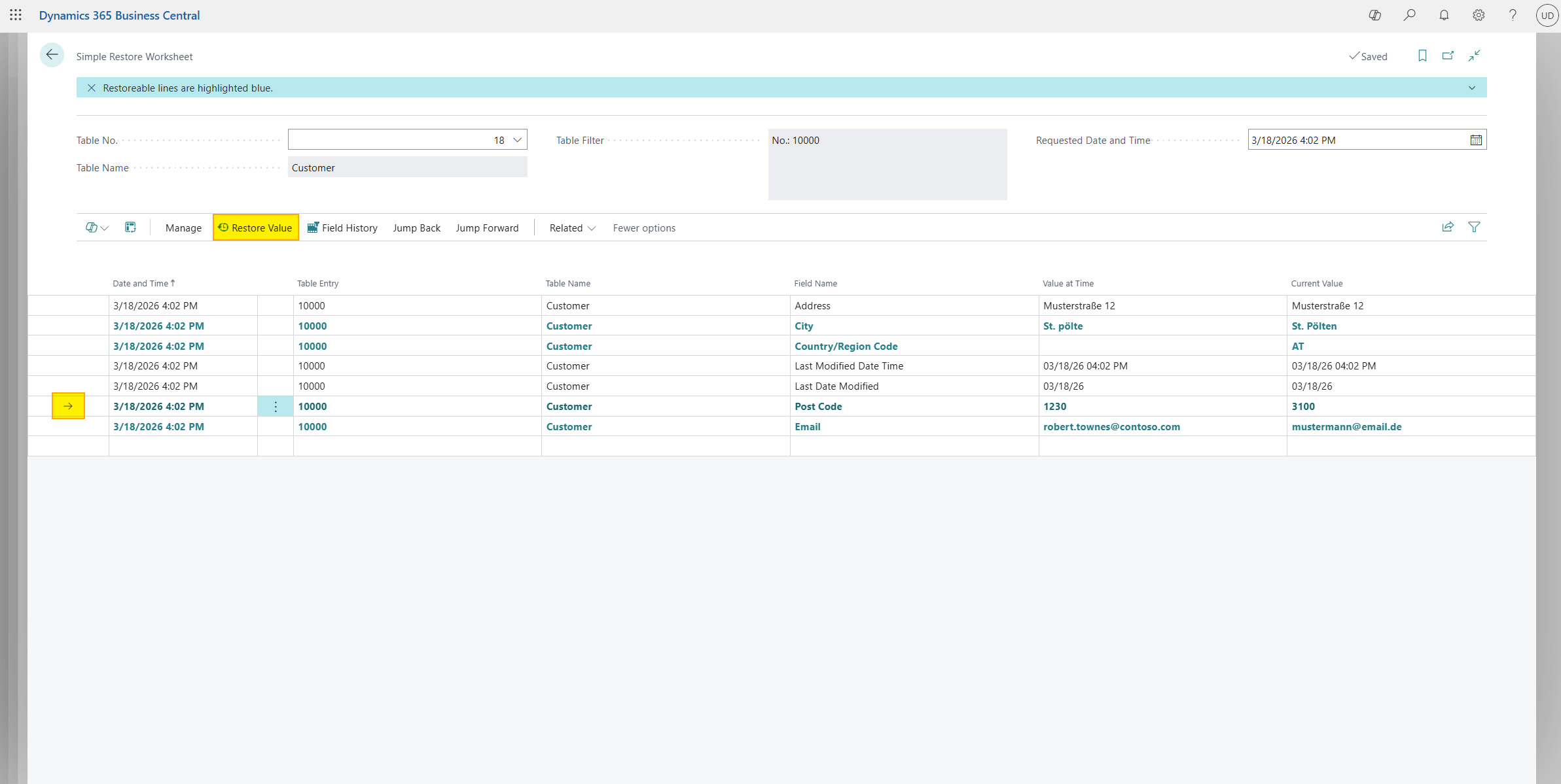 Restore field value in worksheet