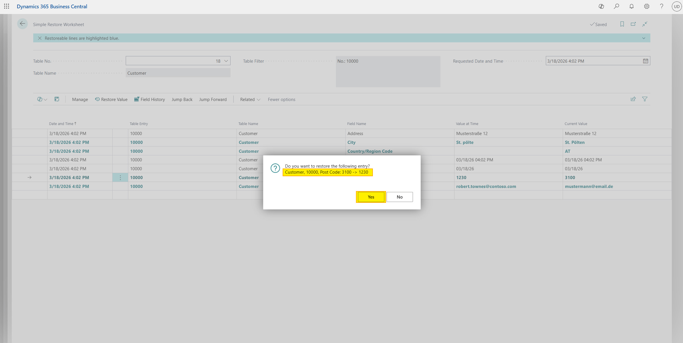 Restore field value in worksheet confirmation