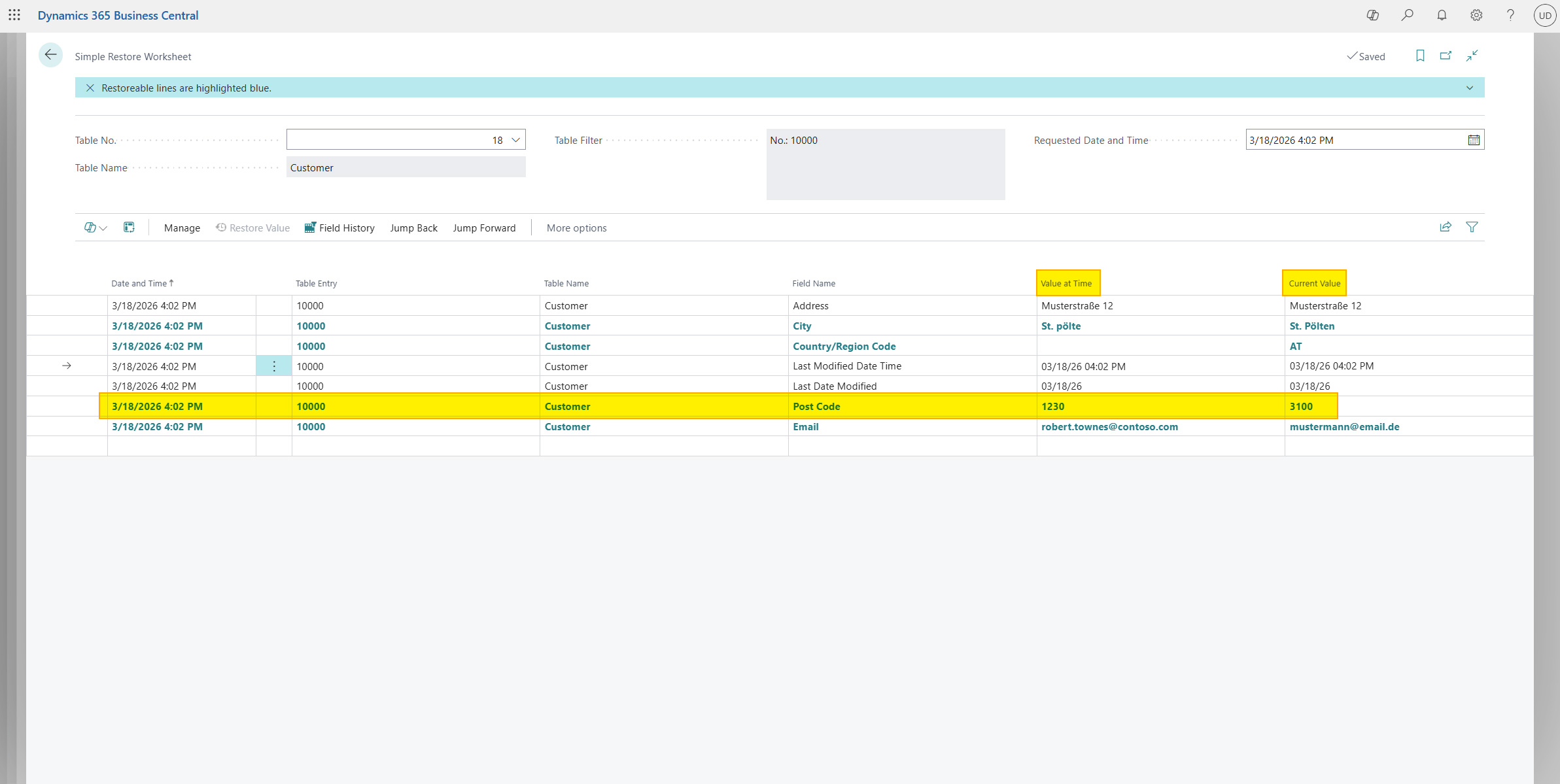 History entry in worksheet