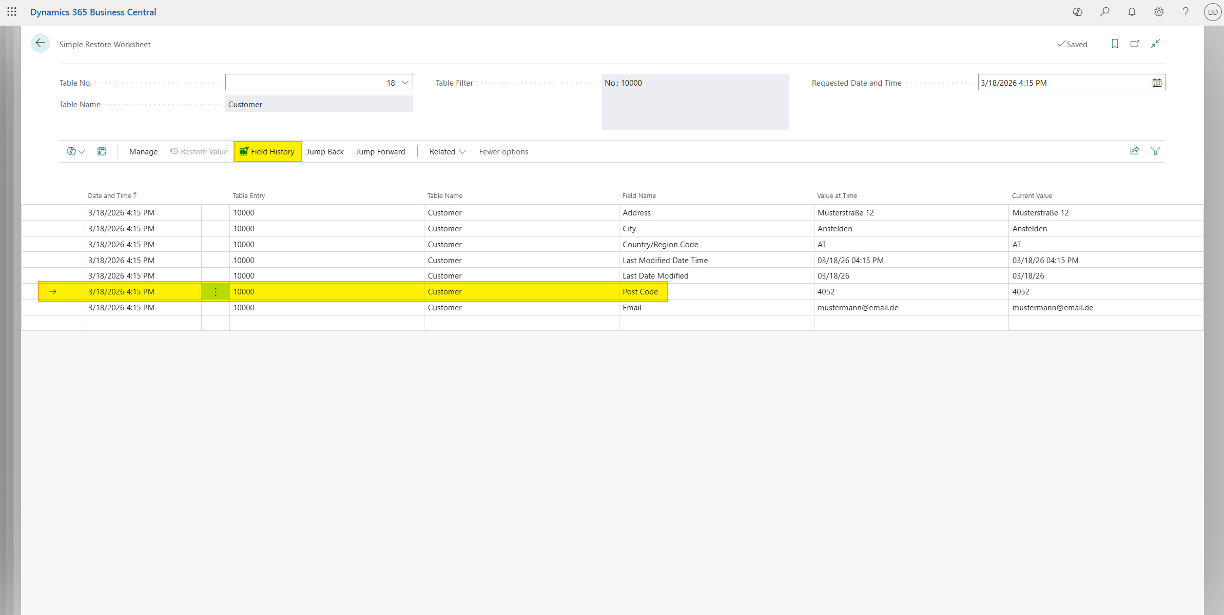 Action to open field history worksheet